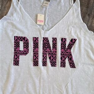 PINK Victoria's Secret White Tank with Geometric Pink Graphic